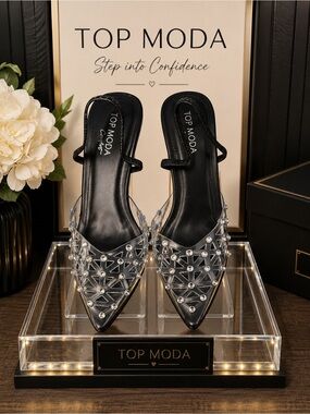 TOP MODA Black Pointed Clear Crystal Slingback Mules